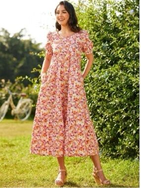 ModCloth Exuding Ease floral retro orange pink red puff sleeve midi dress size L